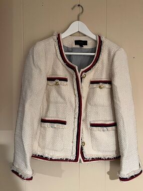 J. Crew Ivory Tweed Jacket with Red & Navy Trim